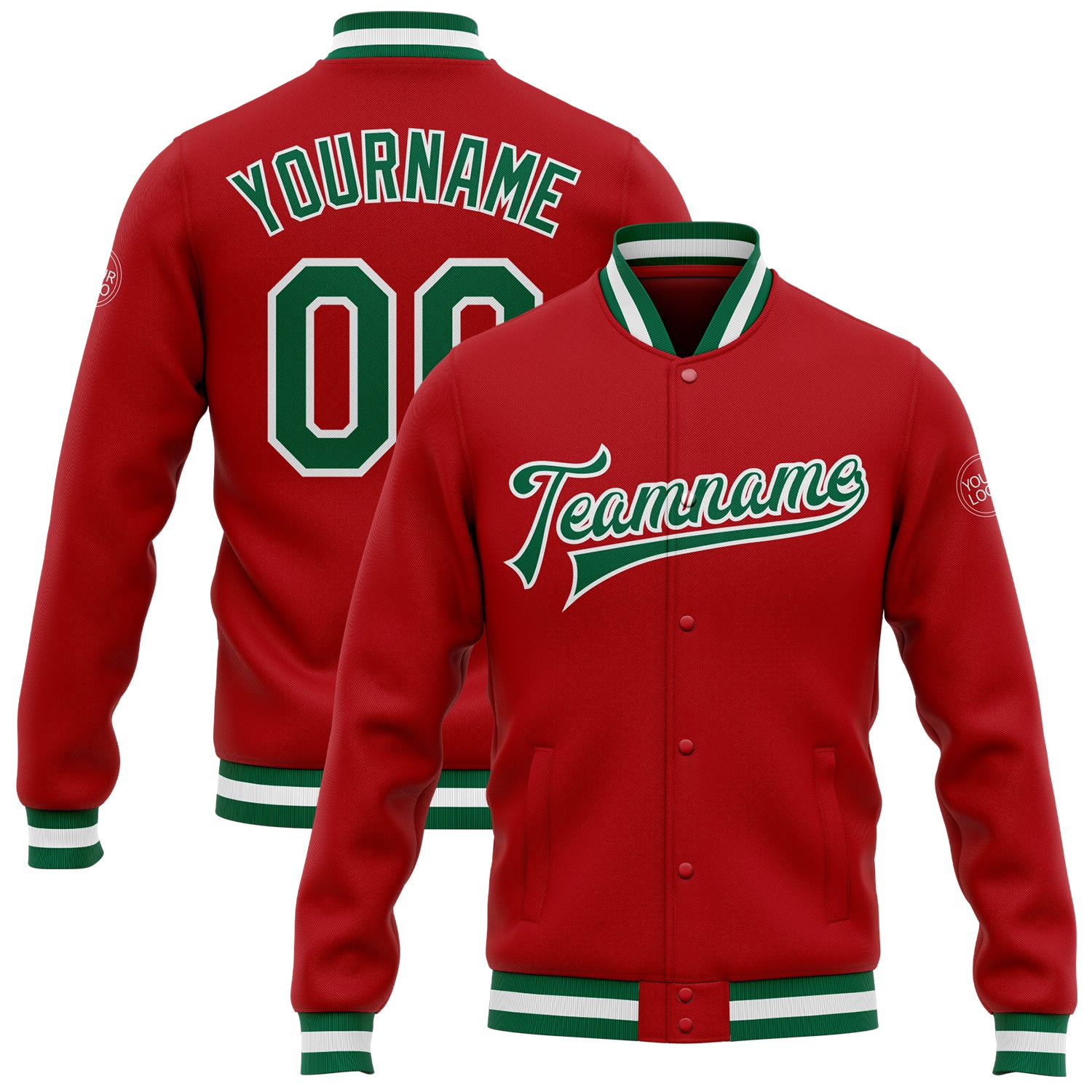 Custom Bomber Varsity Jacket Red Kelly Green White Full-Snap Letterman Custom Red Kelly Green-White Bomber Full-Snap Varsity