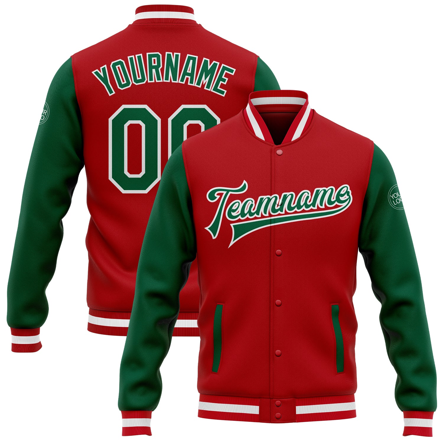 Custom Red Kelly Green White Letterman Bomber Jacket Men's Varsity Full-Snap Two Tone Custom Red Kelly Green-White Bomber