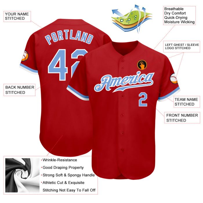 Authentic Custom Red Light Blue White Baseball Jersey for Men and Women Custom Red Light Blue-White Authentic Baseball Jersey - Image 3