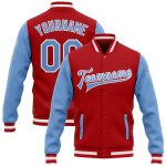 Custom Two-Tone Red Blue White Varsity Letterman Bomber Full-Snap Jacket Custom Red Light Blue-White Bomber Full-Snap Varsity