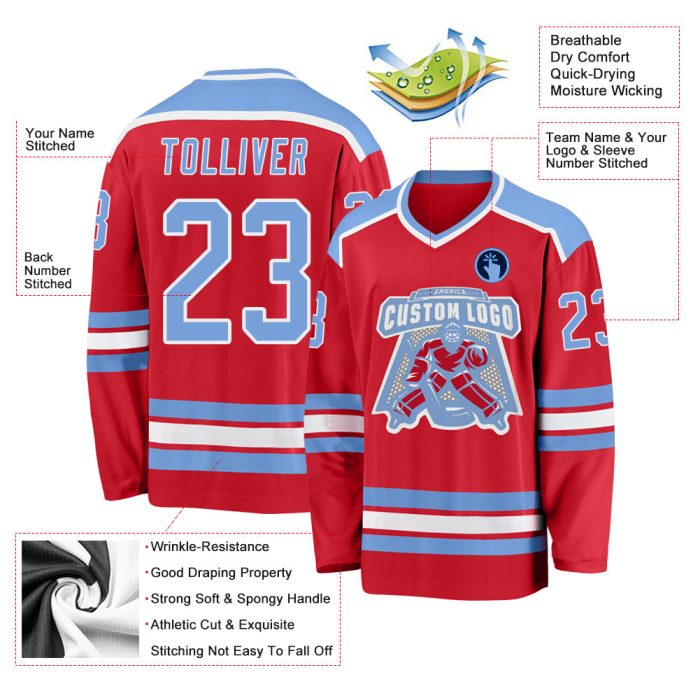 Red Custom Light Blue White Hockey Jersey - Personalized Team Sports Apparel Custom Red Light Blue-White Hockey Jersey - Image 3