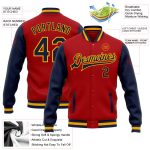 Custom Red Navy Gold Two Tone Bomber Jacket Full-Snap Varsity Letterman Custom Red Navy-Gold Bomber Full-Snap Varsity Letterman - Image 3