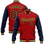 Custom Red Navy Gold Two Tone Bomber Jacket Full-Snap Varsity Letterman Custom Red Navy-Gold Bomber Full-Snap Varsity Letterman