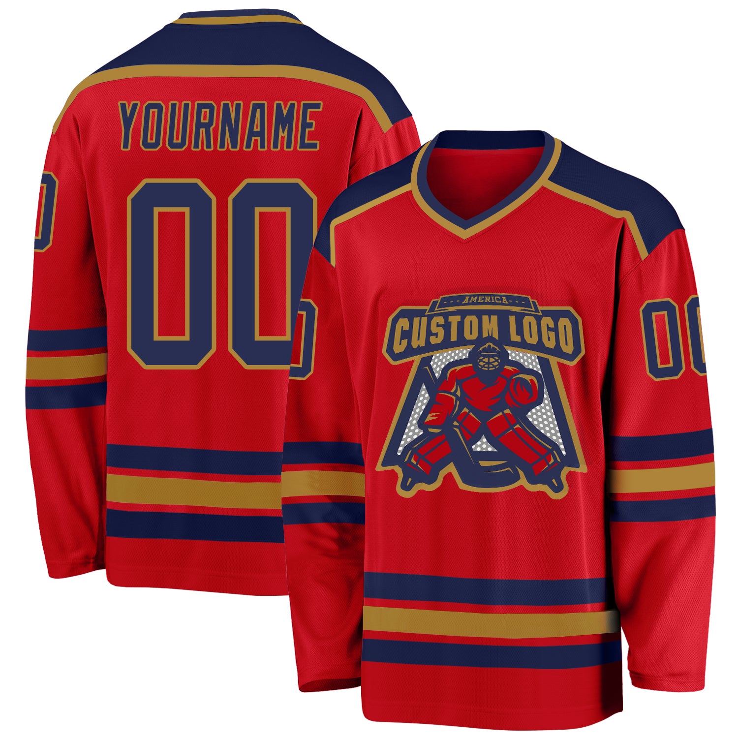 Custom Hockey Jersey in Red, Navy, and Old Gold - Personalized Team Apparel Custom Red Navy-Old Gold Hockey Jersey