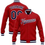 Custom Letterman Jacket Red Navy White Full-Snap Bomber Varsity Style Custom Red Navy-White Bomber Full-Snap Varsity Letterman