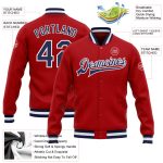 Custom Letterman Jacket Red Navy White Full-Snap Bomber Varsity Style Custom Red Navy-White Bomber Full-Snap Varsity Letterman - Image 3