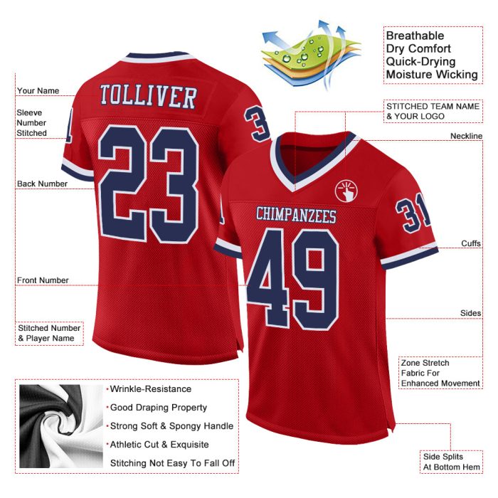 Custom Red Navy-White Authentic Throwback Football Jersey - Mesh Design, Stylish Sports Apparel Custom Red Navy-White Mesh - Image 2