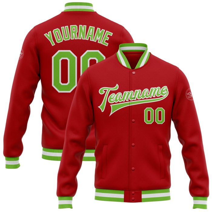 Custom Red Neon Varsity Letterman Jacket Green-White Full-Snap Bomber Custom Red Neon Green-White Bomber Full-Snap Varsity - Image 1