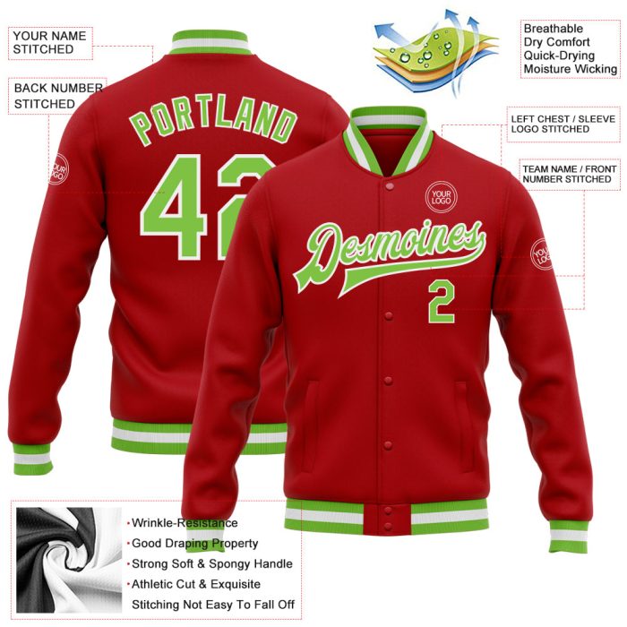 Custom Red Neon Varsity Letterman Jacket Green-White Full-Snap Bomber Custom Red Neon Green-White Bomber Full-Snap Varsity - Image 3
