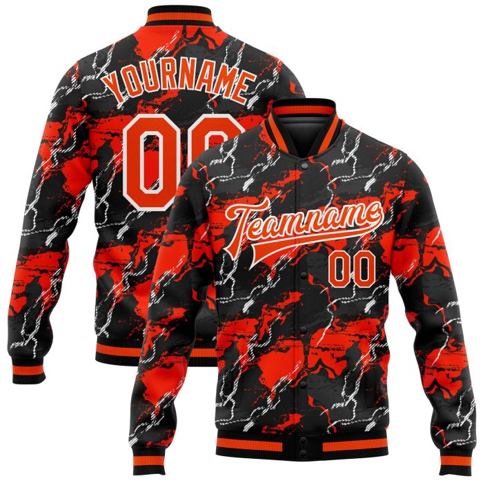 Custom Bomber Jacket Orange Black 3D Pattern Full-Snap Varsity Letterman Custom Red Orange-Black 3D Pattern Design Bomber - Image 1
