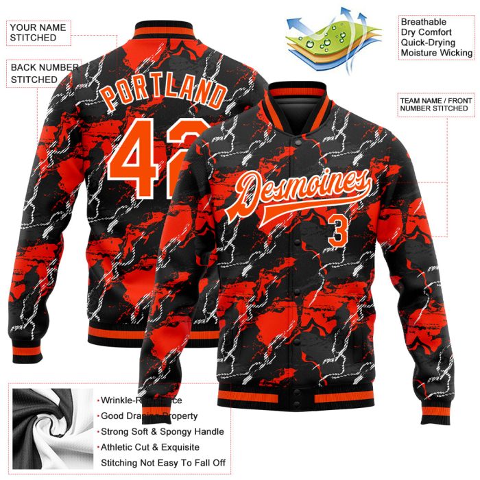 Custom Bomber Jacket Orange Black 3D Pattern Full-Snap Varsity Letterman Custom Red Orange-Black 3D Pattern Design Bomber - Image 3