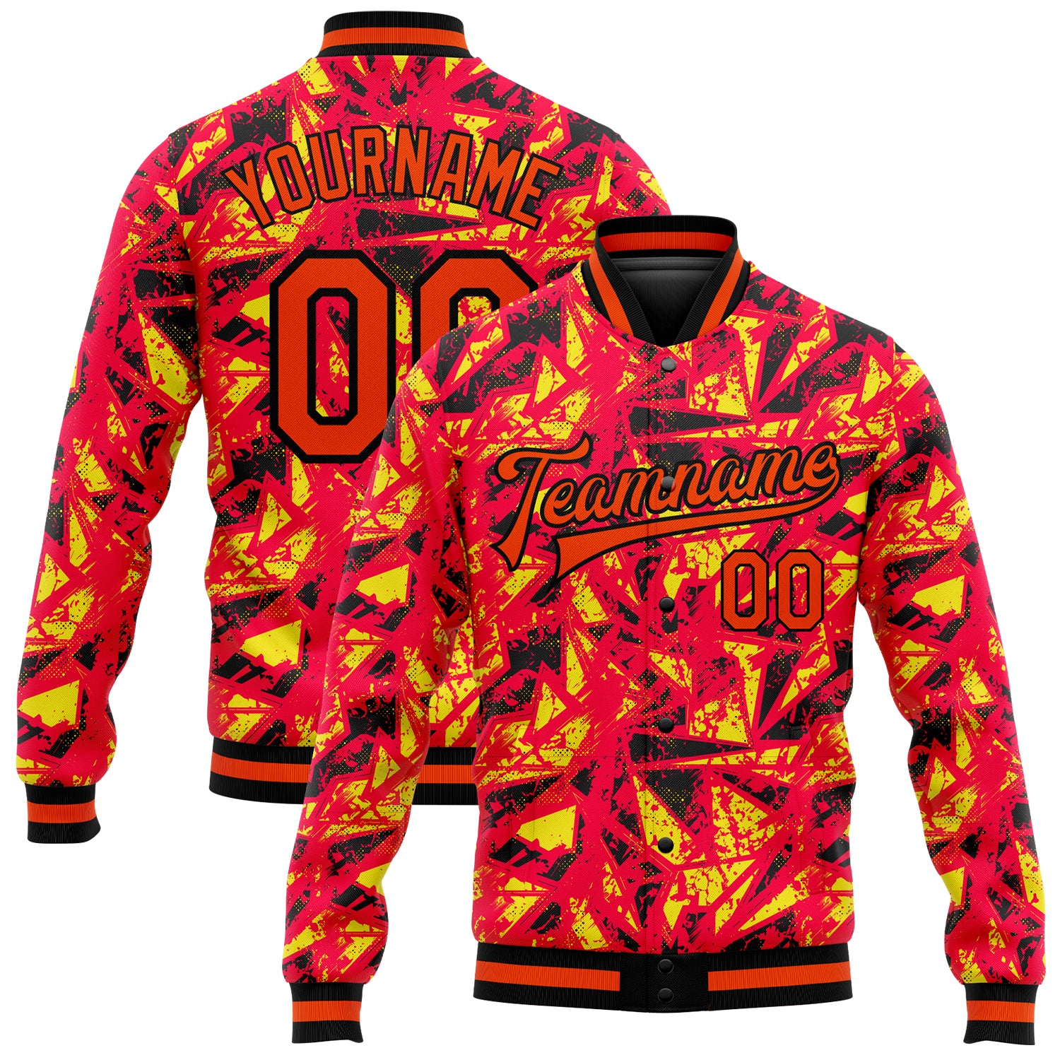 Custom Varsity Bomber Jacket 3D Pattern Red Orange Black Full-Snap Letterman Design Custom Red Orange Gold-Black 3D Pattern