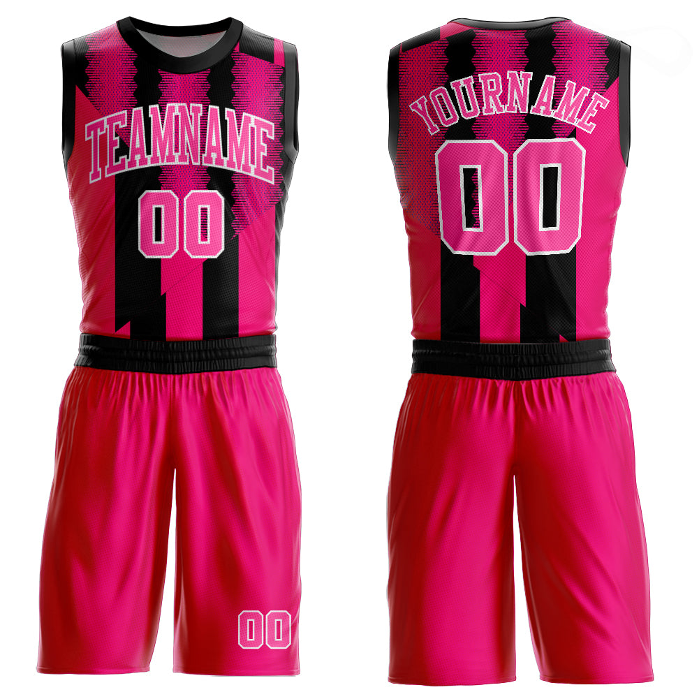 Custom Basketball Jersey Sublimation Suit in Red Pink and Black, Round Neck Design Custom Red Pink-Black Round Neck Sublimation