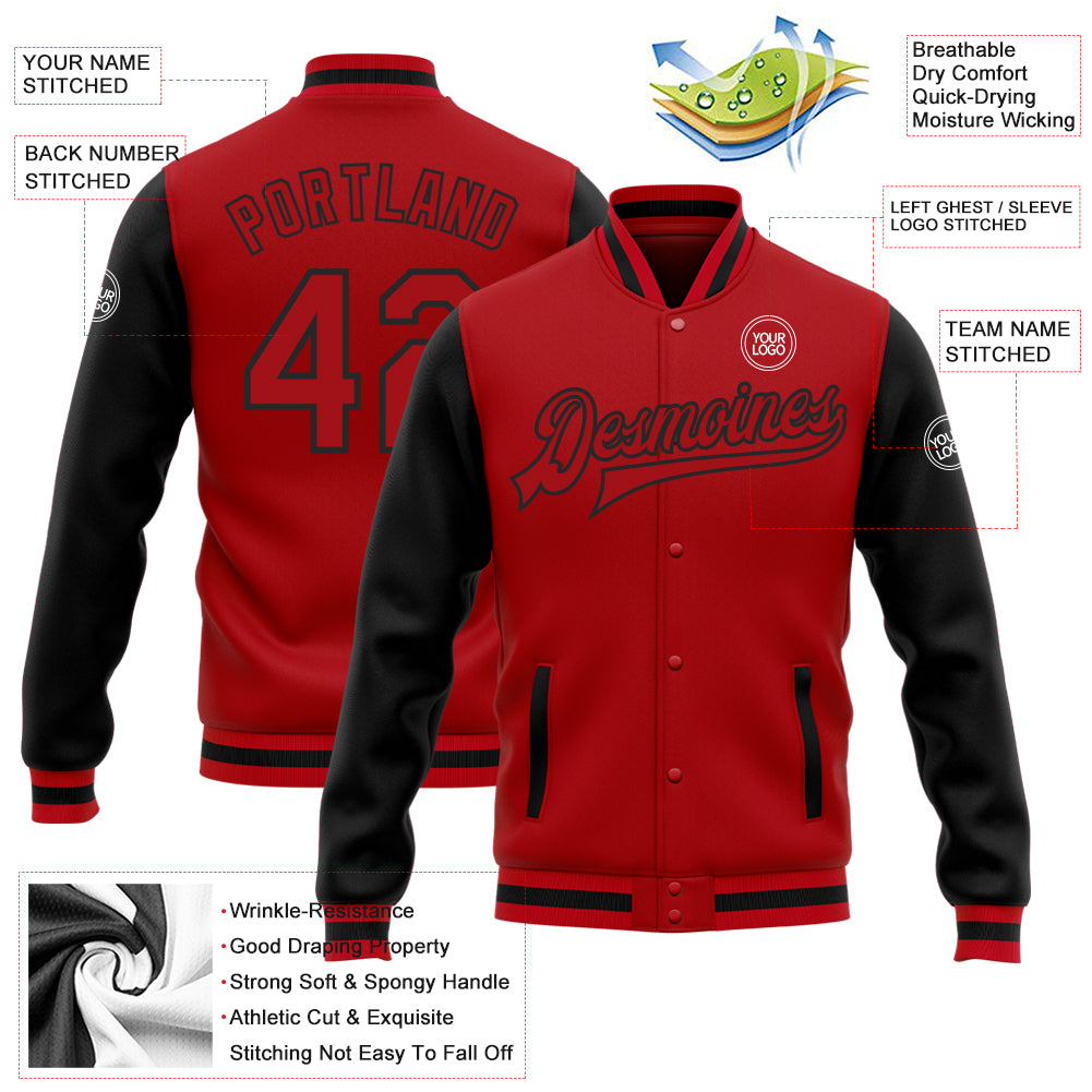 Custom Red Red-Black Bomber Full-Snap Varsity Letterman Two Tone Jacket Custom Red Black Two Tone Varsity Letterman Bomber Jacket Full-Snap Custom Red Red-Black Bomber Full-Snap Varsity Letterman - Image 3