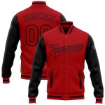Custom Red Black Two Tone Varsity Letterman Bomber Jacket Full-Snap Custom Red Red-Black Bomber Full-Snap Varsity Letterman
