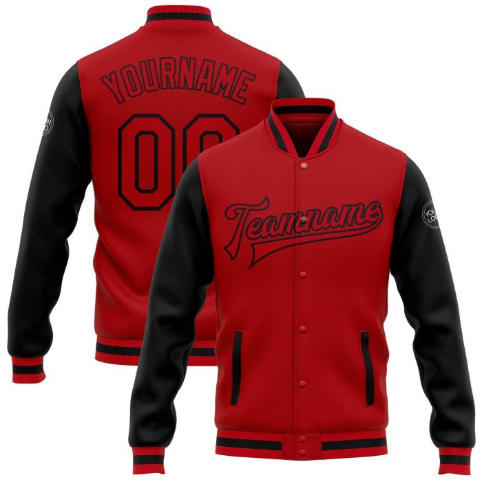 Custom Red Black Two Tone Varsity Letterman Bomber Jacket Full-Snap Custom Red Red-Black Bomber Full-Snap Varsity Letterman - Image 1