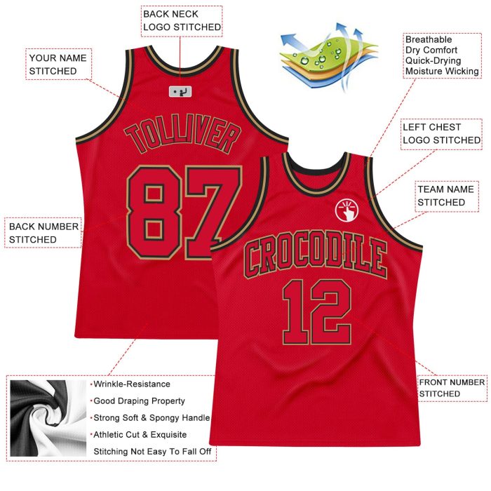 Custom Red Black Gold Authentic Throwback Basketball Jersey for Fans and Collectors Custom Red Red Black-Old Gold Authentic - Image 2