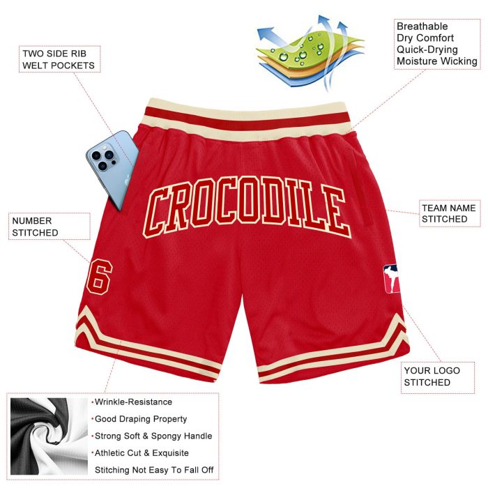 Custom Red-Cream Authentic Basketball Shorts | Throwback Style Sportswear Custom Red Red-Cream Authentic Throwback Basketball - Image 2