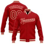 Custom Red-Cream Bomber Varsity Letterman Jacket Full-Snap Design Custom Red Red-Cream Bomber Full-Snap Varsity Letterman