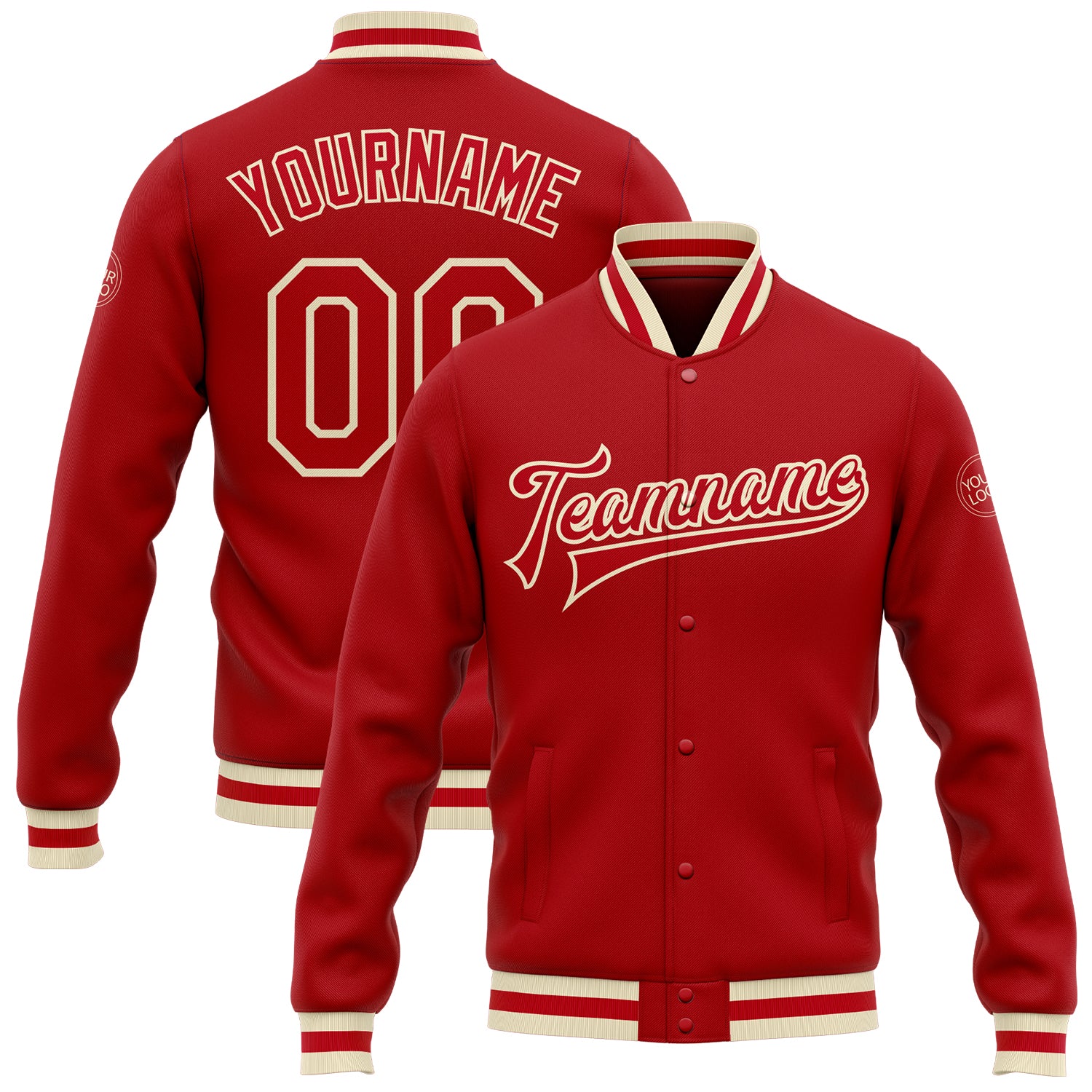 Custom Red-Cream Bomber Varsity Letterman Jacket Full-Snap Design Custom Red Red-Cream Bomber Full-Snap Varsity Letterman