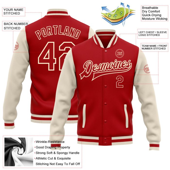 Custom Red Cream Two Tone Varsity Letterman Bomber Jacket Full-Snap Custom Red Red-Cream Bomber Full-Snap Varsity Letterman - Image 3