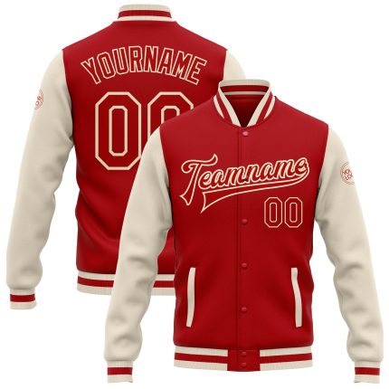 Custom Red Cream Two Tone Varsity Letterman Bomber Jacket Full-Snap Custom Red Red-Cream Bomber Full-Snap Varsity Letterman