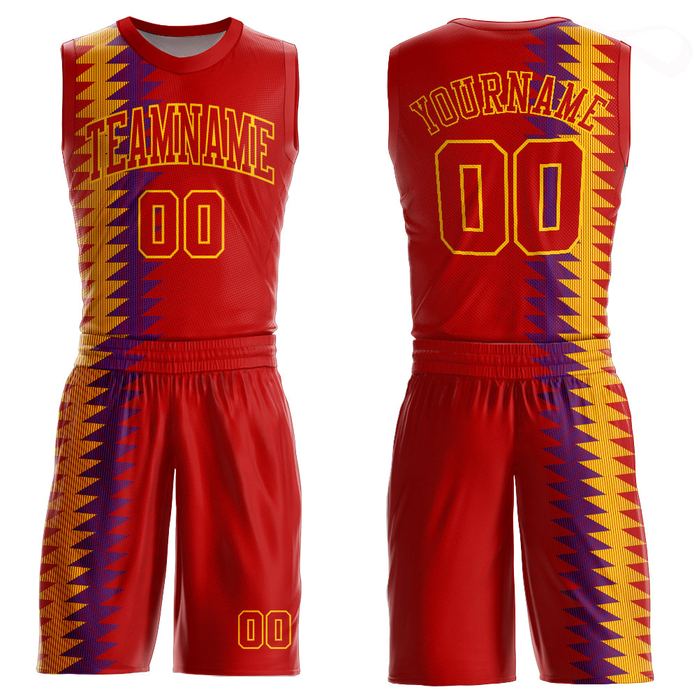 Custom Red Gold Basketball Jersey Round Neck Sublimation Suit Custom Red Red-Gold Round Neck Sublimation Basketball Suit
