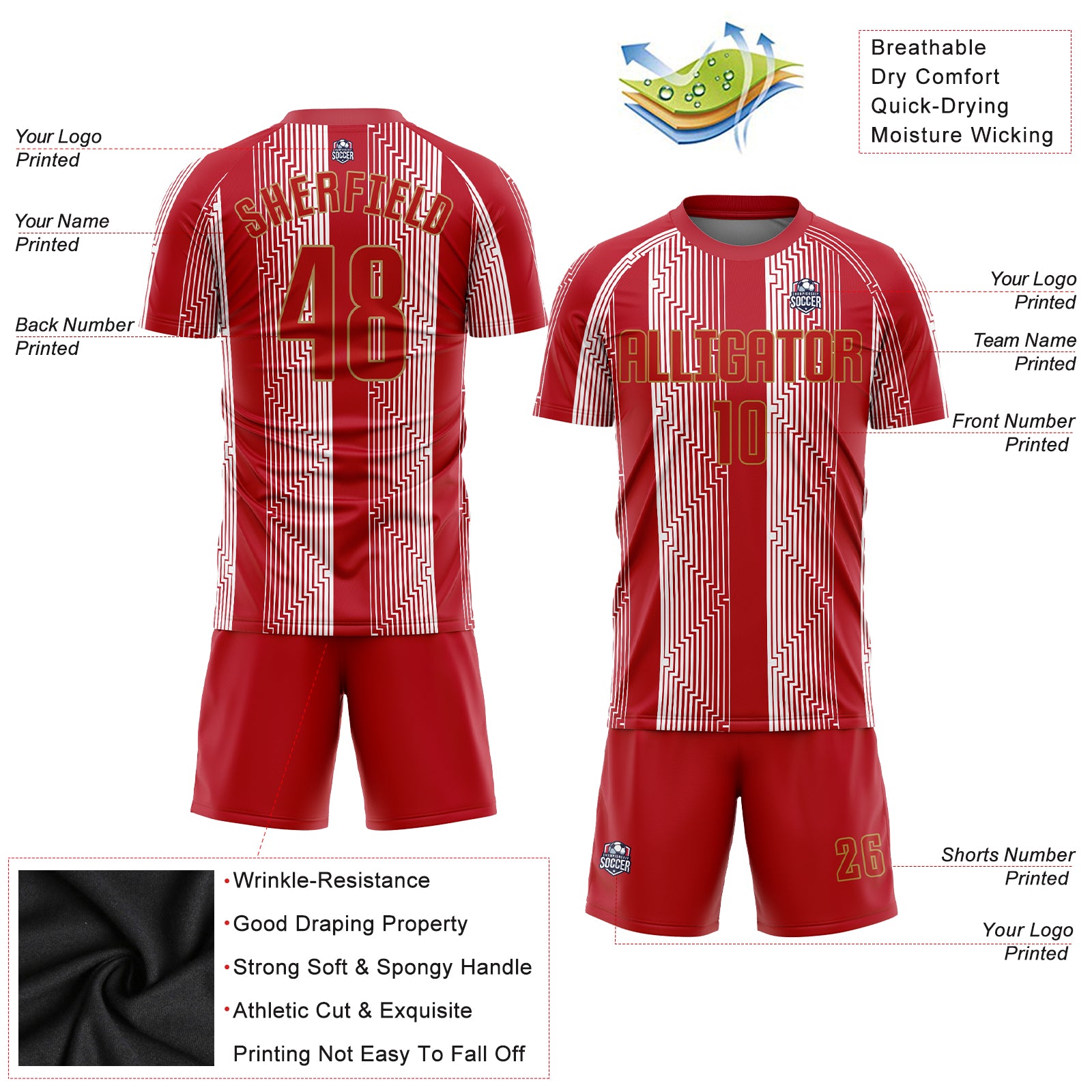 Custom Red Red-Old Gold Sublimation Soccer Uniform Jersey Custom Red and Old Gold Soccer Jersey - Sublimation Uniform for Teams Custom Red Red-Old Gold Sublimation Soccer Uniform - Image 3