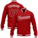 Custom Red White Varsity Letterman Bomber Jacket Full-Snap Mens Outerwear Custom Red Red-White Bomber Full-Snap Varsity Letterman