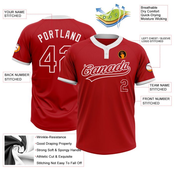 Custom Red White Unisex Softball Jersey - Two-Button Design for Performance Custom Red Red-White Two-Button Unisex Softball - Image 3