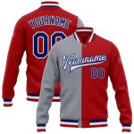 Custom Varsity Letterman Jacket Red Gray Bomber Full-Snap Fashion Outerwear Custom Red Royal-Gray Bomber Full-Snap Varsity