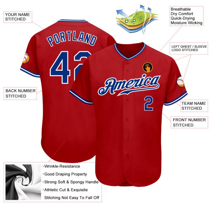Authentic Custom Red Royal-White Baseball Jersey for Fans and Players Custom Red Royal-White Authentic Baseball Jersey - Image 3