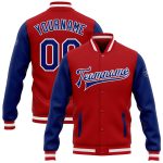 Custom Red White Bomber Two Tone Varsity Letterman Jacket Full-Snap Custom Red Royal-White Bomber Full-Snap Varsity Letterman