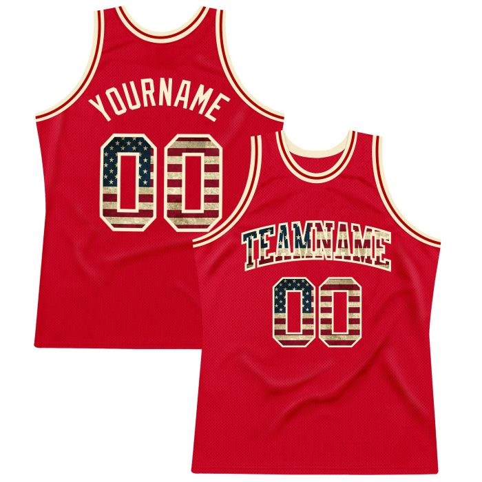 Custom Red Vintage USA Flag Basketball Jersey - Cream Authentic Throwback Style Custom Red Vintage USA Flag-Cream Authentic - Image 1