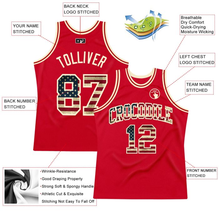 Custom Red Vintage USA Flag Basketball Jersey - Cream Authentic Throwback Style Custom Red Vintage USA Flag-Cream Authentic - Image 2