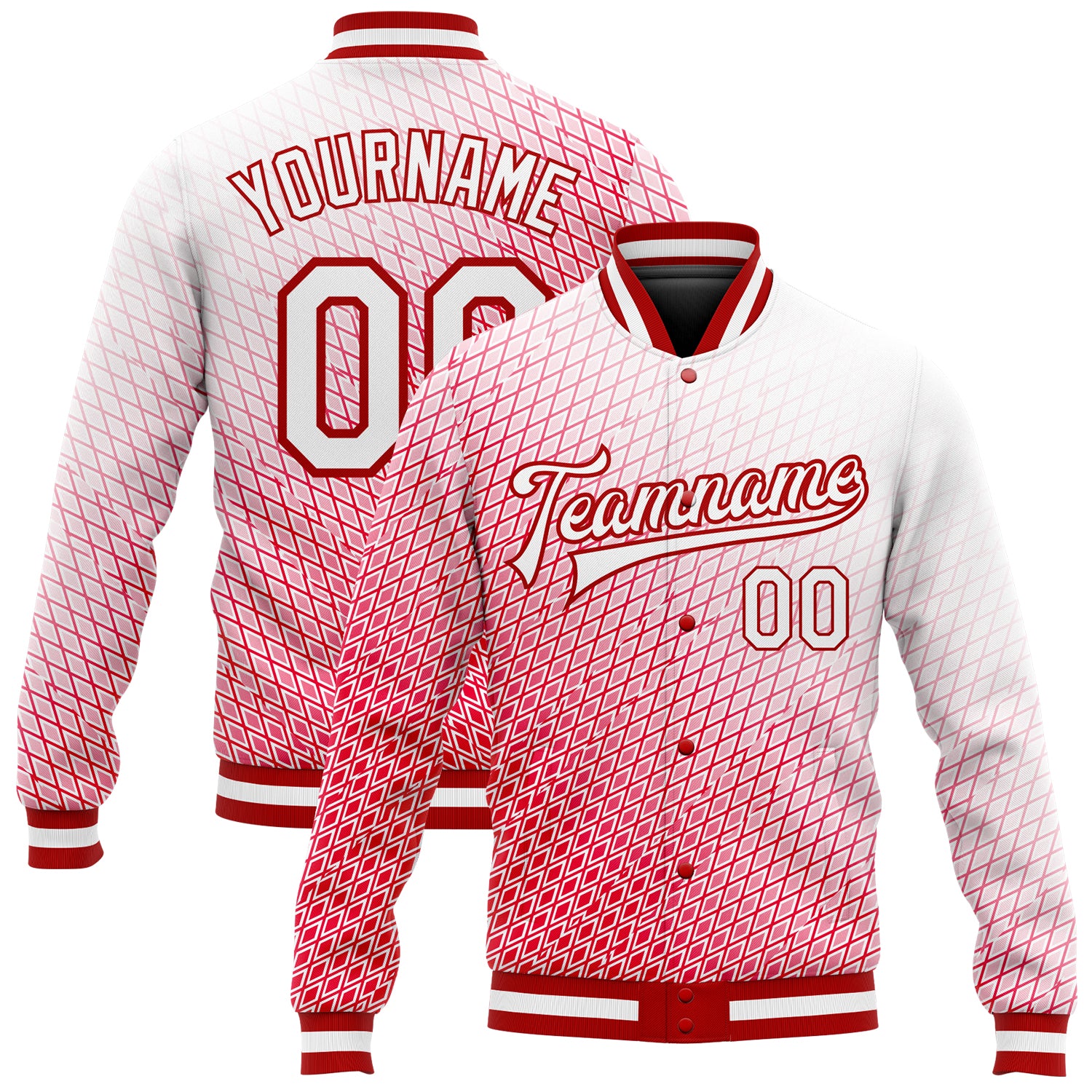 Custom Red White 3D Pattern Varsity Jacket Full-Snap Bomber Letterman Custom Red White 3D Pattern Design Bomber Full-Snap