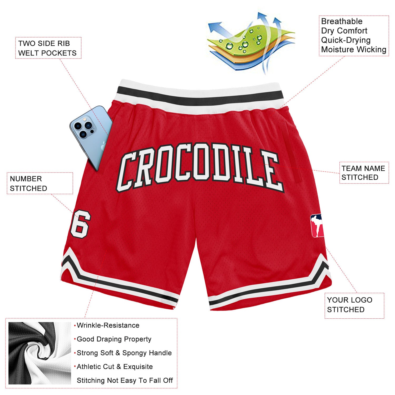 Custom Red White-Black Authentic Throwback Basketball Shorts Custom Red White Black Basketball Shorts | Authentic Throwback Design Custom Red White-Black Authentic Throwback Basketball - Image 2