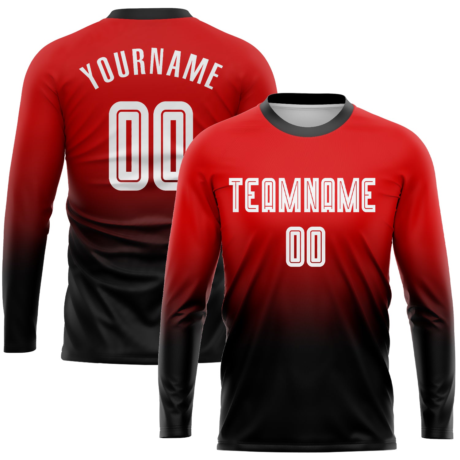 Custom Red Black White Fade Soccer Jersey Long Sleeve Sublimation Uniform Custom Red White-Black Sublimation Long Sleeve