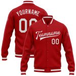 Custom Varsity Letterman Jacket Red White Full-Snap Bomber Style for Men Custom Red White Bomber Full-Snap Varsity Letterman