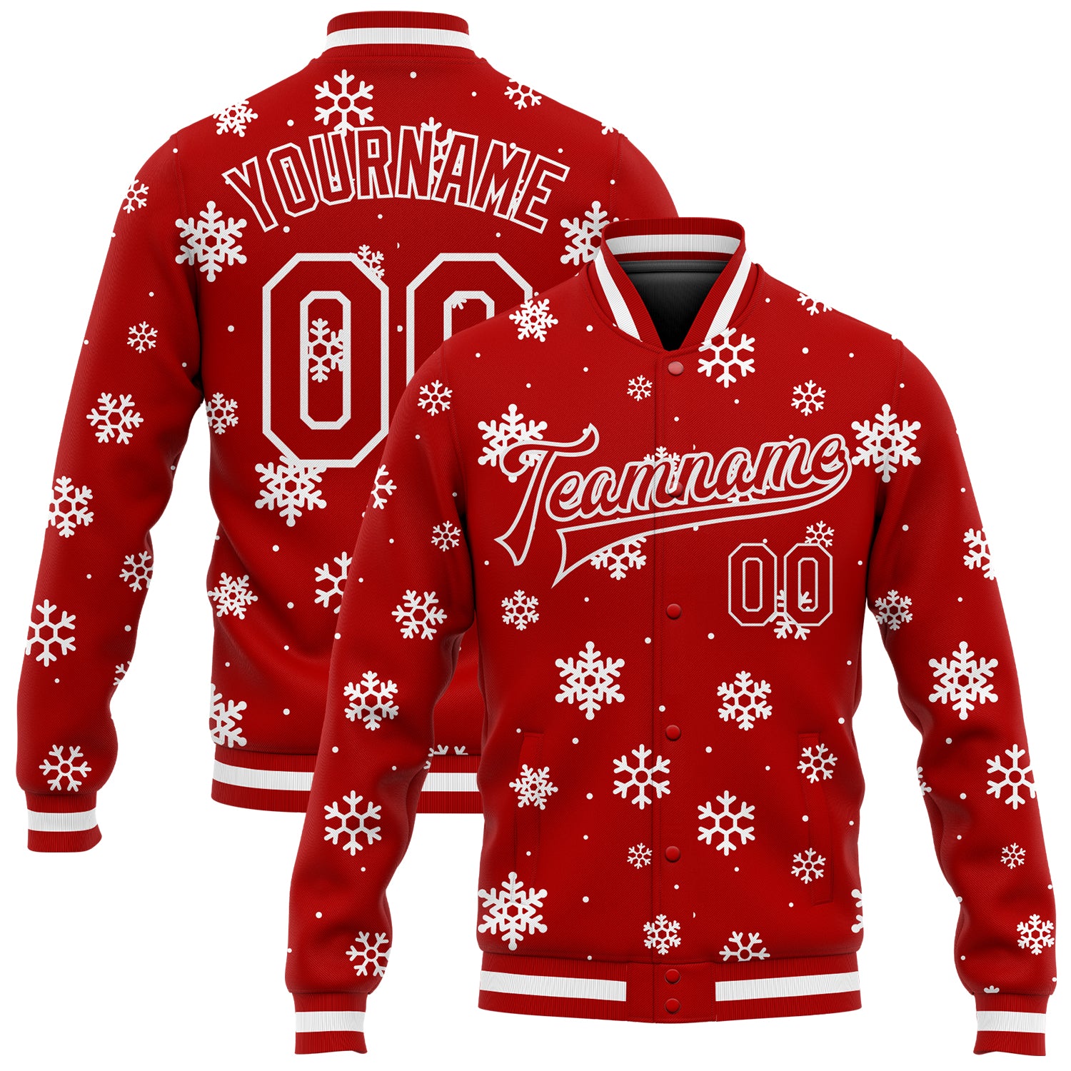 Custom Christmas 3D Bomber Varsity Jacket Red White Full-Snap Letterman Custom Red White Christmas 3D Bomber Full-Snap Varsity