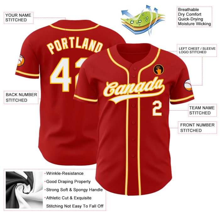 Custom Authentic Baseball Jersey Red White Gold - Stylish Sports Apparel Custom Red White-Gold Authentic Baseball Jersey - Image 3