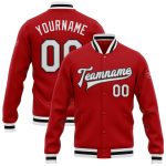 Custom Bomber Varsity Letterman Jacket Red White Gray Black Full-Snap Custom Red White Gray-Black Bomber Full-Snap Varsity
