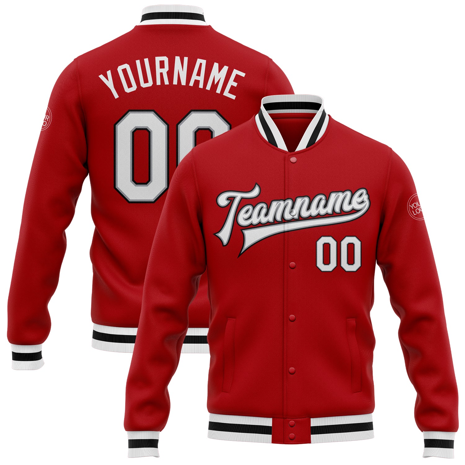 Custom Bomber Varsity Letterman Jacket Red White Gray Black Full-Snap Custom Red White Gray-Black Bomber Full-Snap Varsity