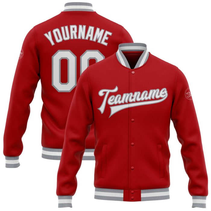 Red White Gray Varsity Letterman Jacket Full-Snap Custom Bomber Style Custom Red White-Gray Bomber Full-Snap Varsity Letterman - Image 1