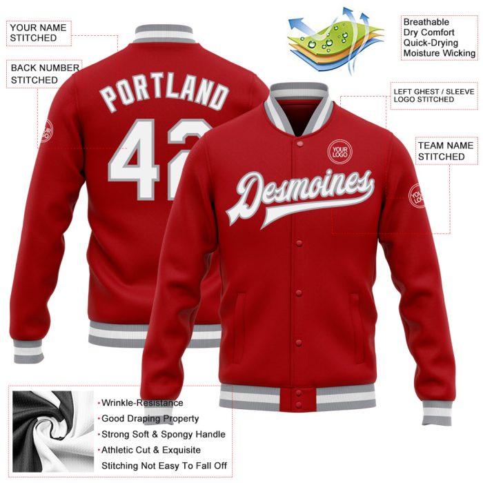 Red White Gray Varsity Letterman Jacket Full-Snap Custom Bomber Style Custom Red White-Gray Bomber Full-Snap Varsity Letterman - Image 3