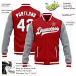 Red White Gray Bomber Varsity Letterman Two Tone Jacket Custom Full-Snap Custom Red White-Gray Bomber Full-Snap Varsity Letterman - Image 3