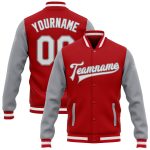 Red White Gray Bomber Varsity Letterman Two Tone Jacket Custom Full-Snap Custom Red White-Gray Bomber Full-Snap Varsity Letterman