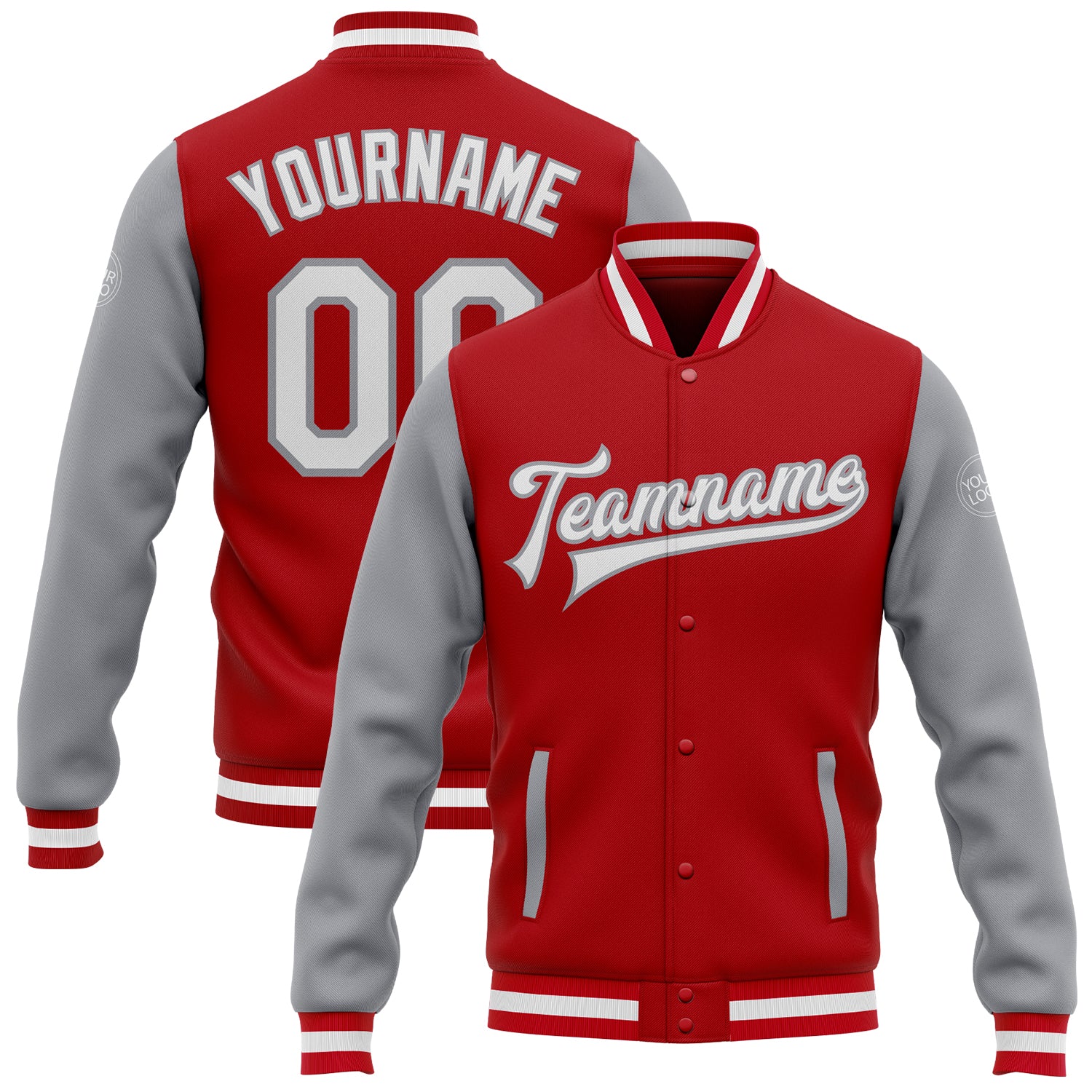 Red White Gray Bomber Varsity Letterman Two Tone Jacket Custom Full-Snap Custom Red White-Gray Bomber Full-Snap Varsity Letterman