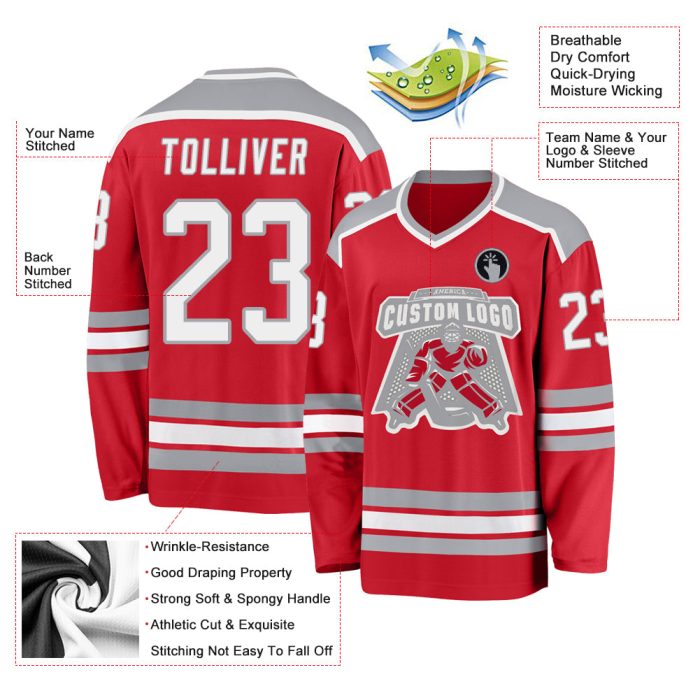 Custom Red White Gray Hockey Jersey Personalized Team Apparel Custom Red White-Gray Hockey Jersey - Image 3