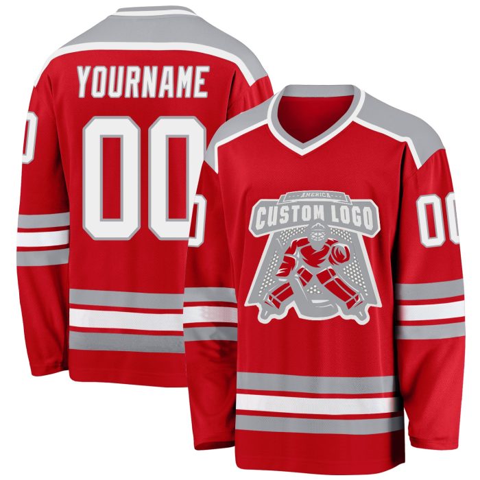 Custom Red White Gray Hockey Jersey Personalized Team Apparel Custom Red White-Gray Hockey Jersey - Image 1
